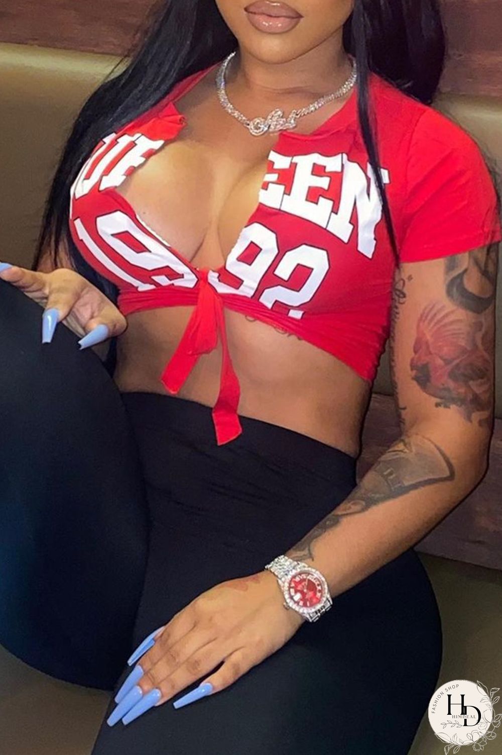 Red Sexy Casual Letter Print Strap Design V Neck T-Shirts