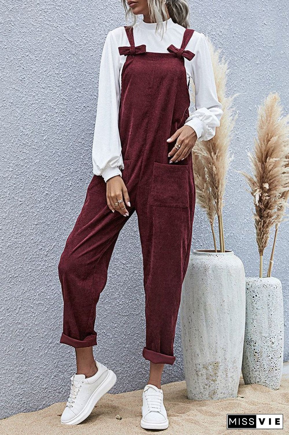 Solid Bowknot Double Pockets Overall