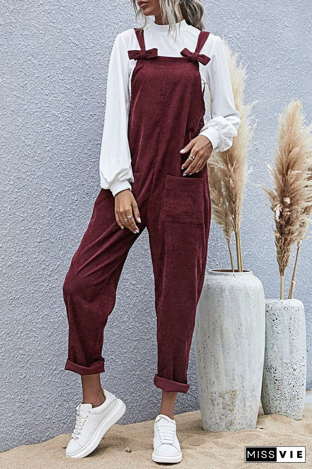 Solid Bowknot Double Pockets Overall