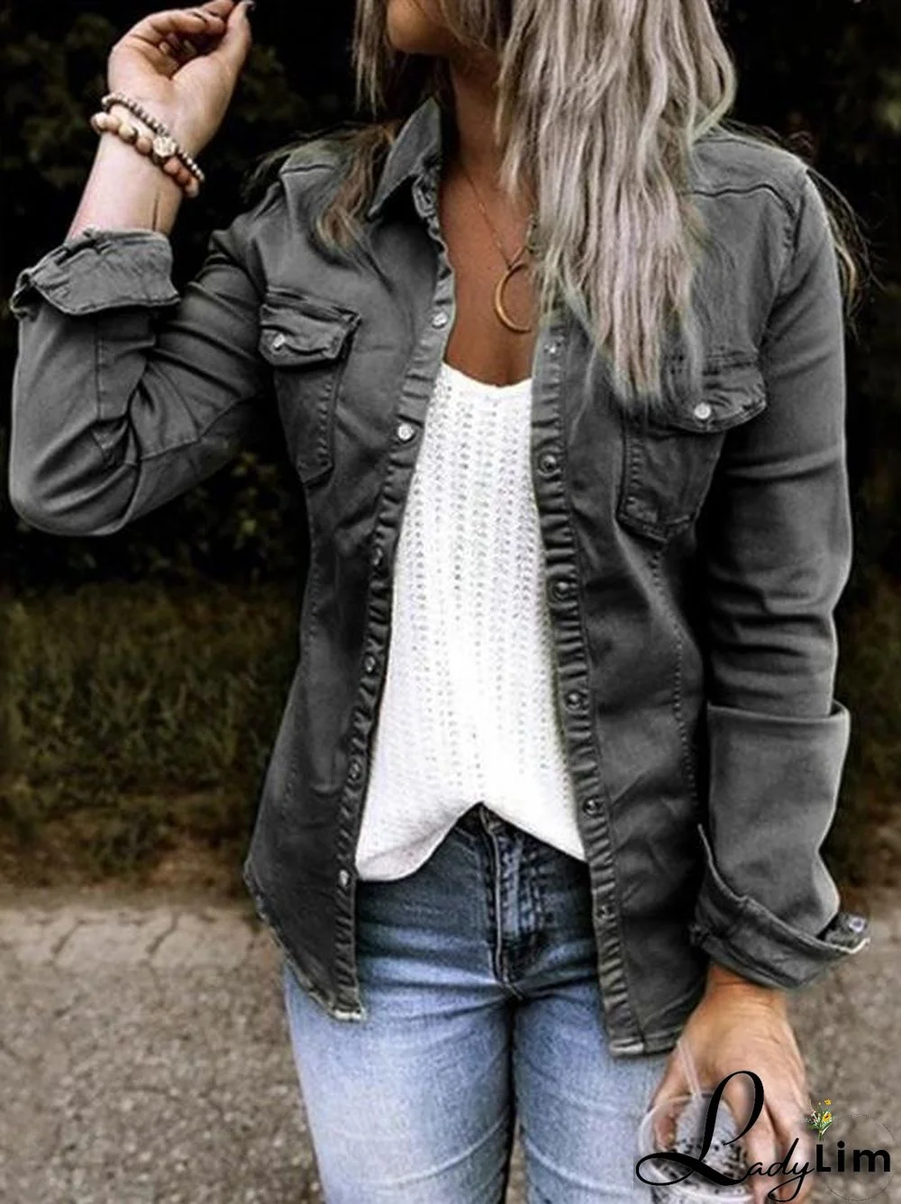 Women's Jackets Pocket Button Long Sleeve Denim Shirt Jacket