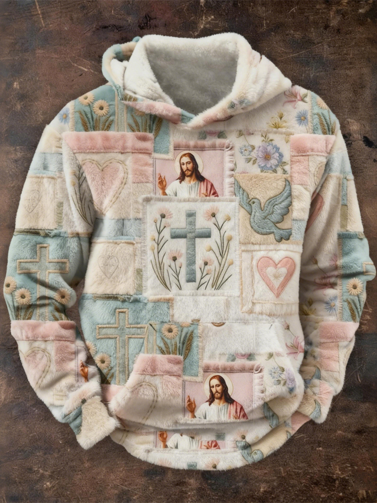 Christian Patchwork Pattern Vintage Cozy Flannel Hoodie elevenforest