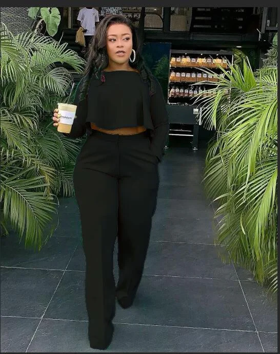 Brownm Back Long Fashion Pleated Blouse And Pants Solid Color Wide Leg Two-piece Set