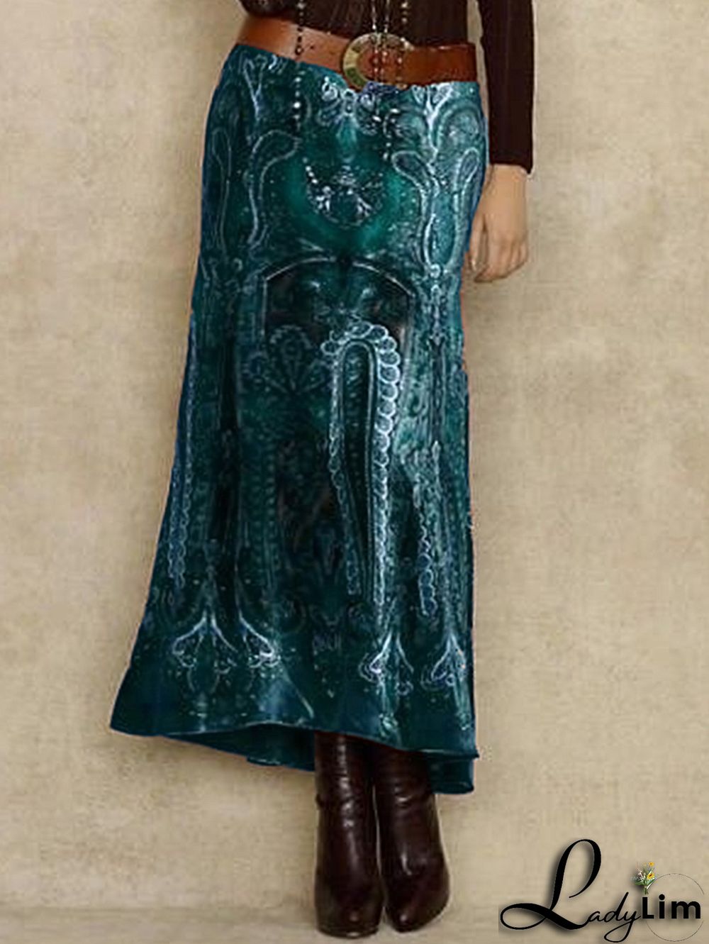 Daily Vintage Floral Jacquard Velvet Midi Skirt