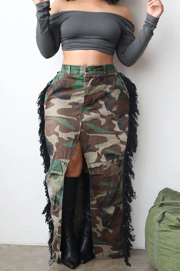 Camouflage Hot High Split Side Tassel Skirt