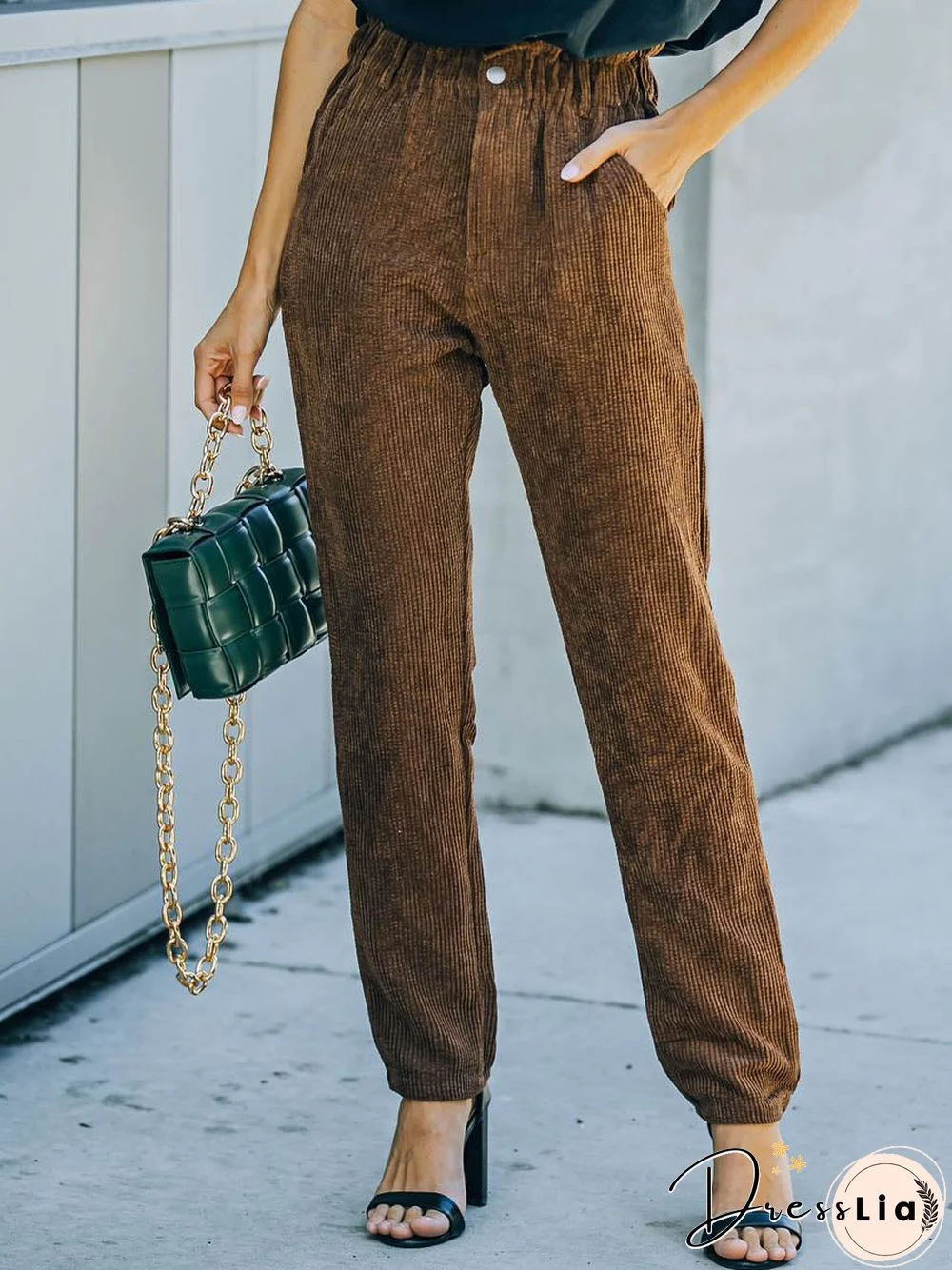 Zip Up Elastic Waist Long Curduroy Pants