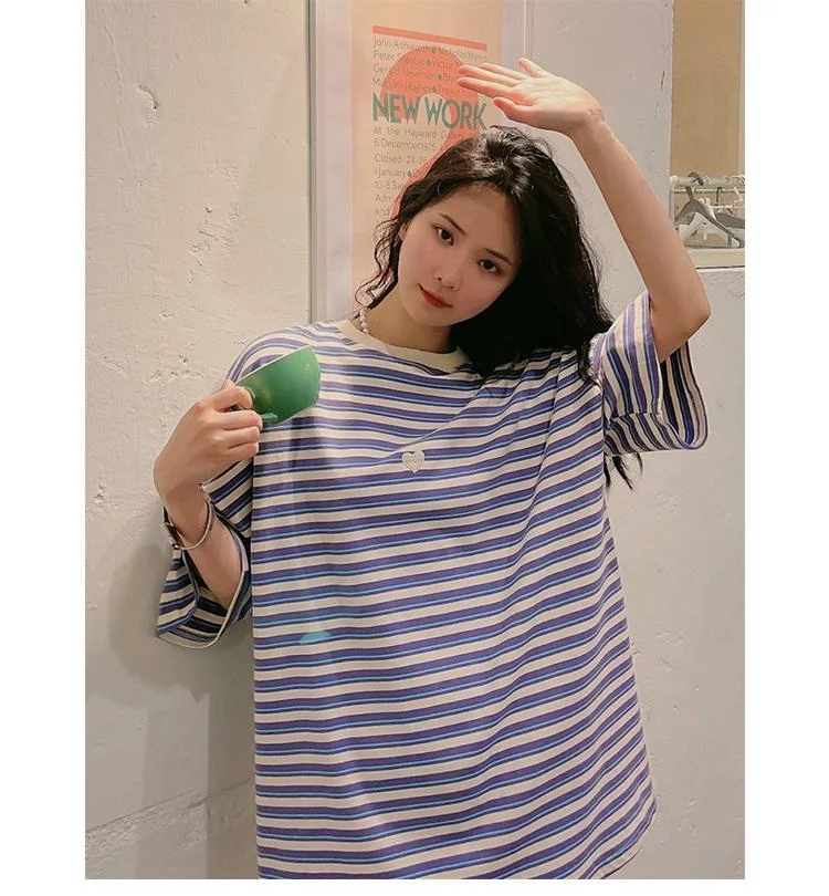 Korean Fashion Loose striped personality T-shirt TK082