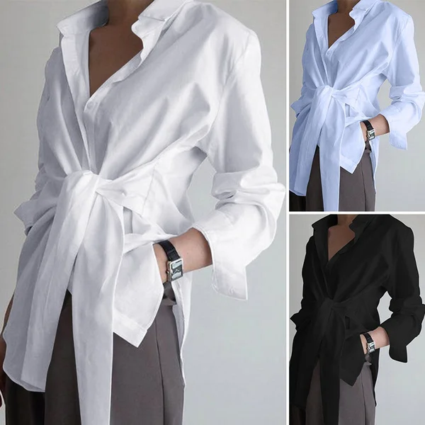 Spring New Women Turn Down Collar Button Down Shirts Casual Solid Color Long Sleeve Blouse Tops