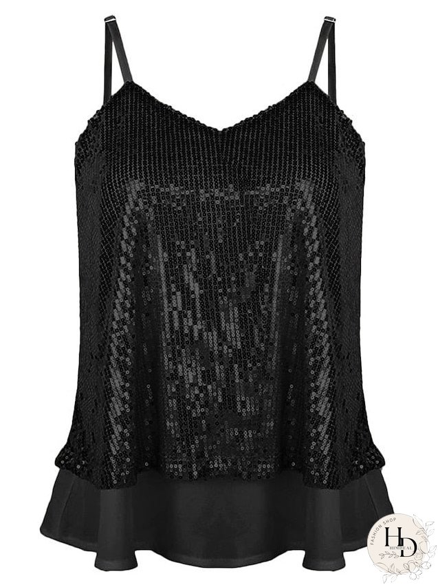 Camisole Tank Top Vest Black White Yellow Sparkly Sequins Layered Sleeveless Stage Streetwear Sexy V Neck Regular S for Women