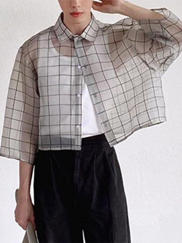 Aonga - Mens Plaid Sheer Mesh See Through ShirtJ aonga
