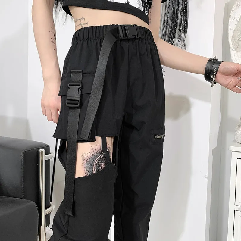 InsGoth Goth Black Cargo Pants Punk Streetwear Hollow Out Big Pocket Trousers Harajuku Grunge High Waist Buckle Zipper Pants