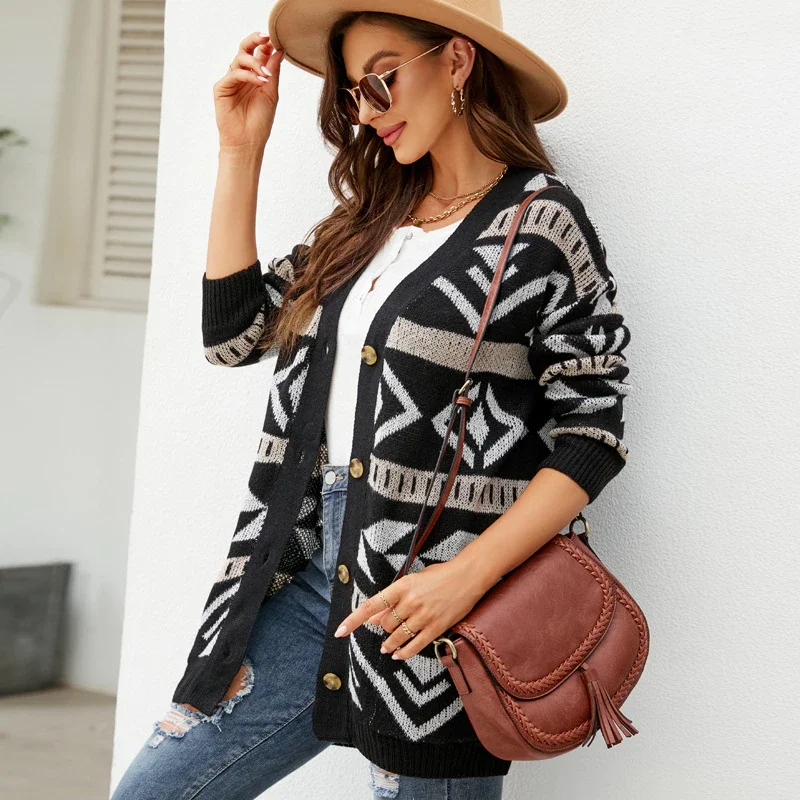 Jangj Winter Female Urban Long Knitted Cardigans with Pockets V Neck Long Sleeve Printed Women Sweater Coats