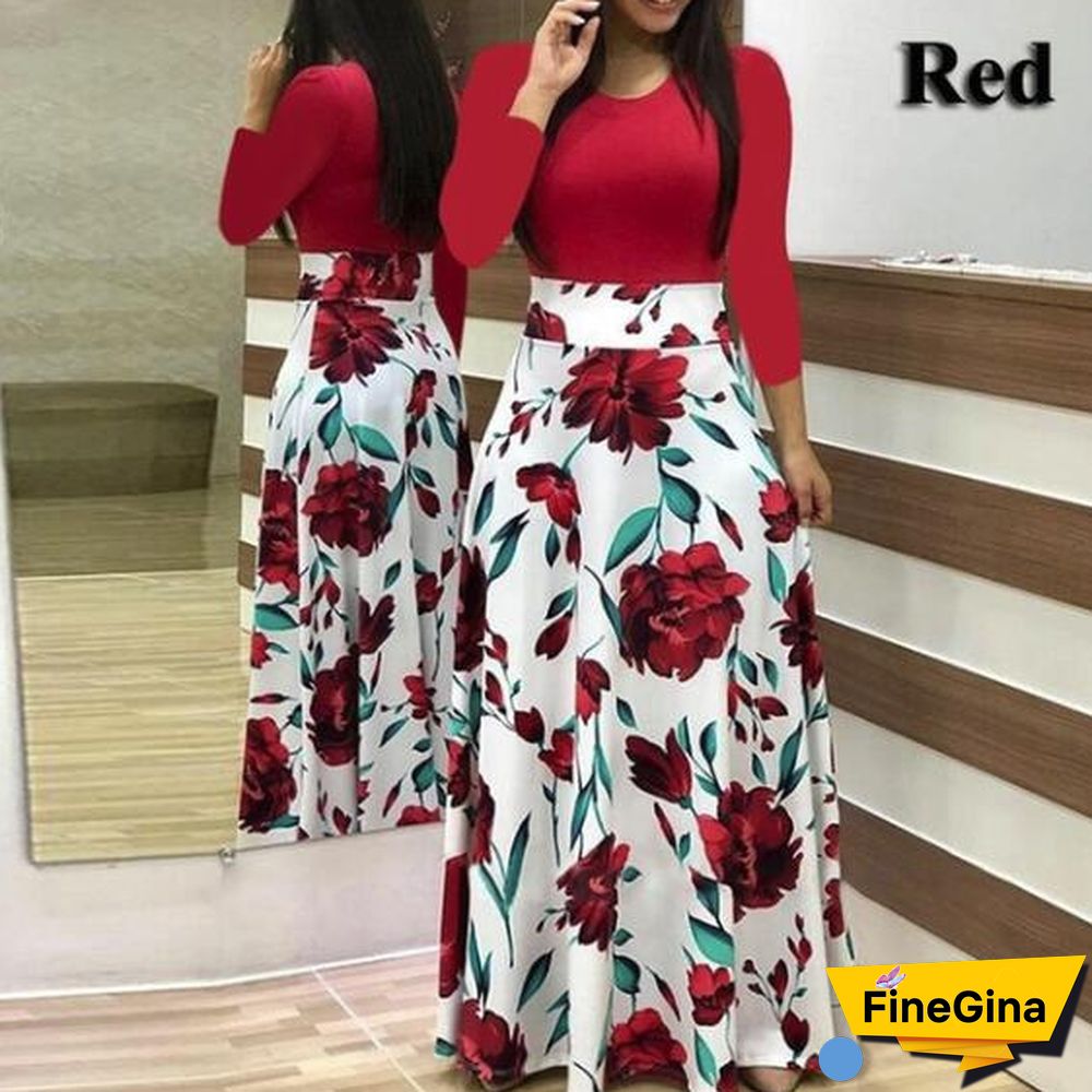 Women's Fashion Causal Dress Long Sleeve Printed Dress High Waist Long Dress Plus Size S-5XL