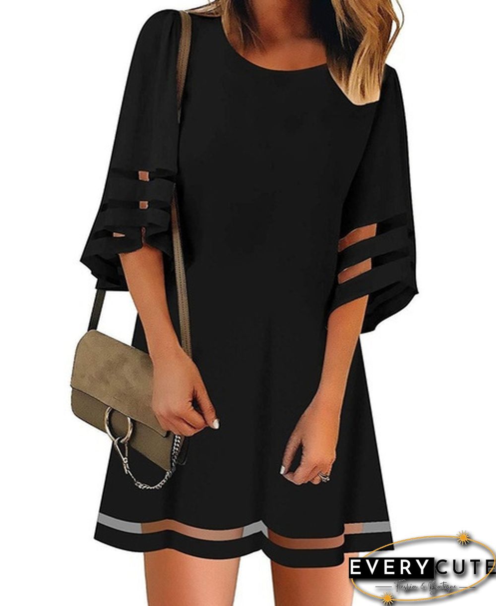New summer womens short sleeve Round-neck flared casual dress solid color patchwork
