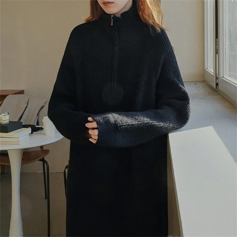 Churchf Churchf Lapel Half Zipper Wool Dress 2024 Autumn And Winter New Style With Loose Casual Long Knit Bottom Shirt Women