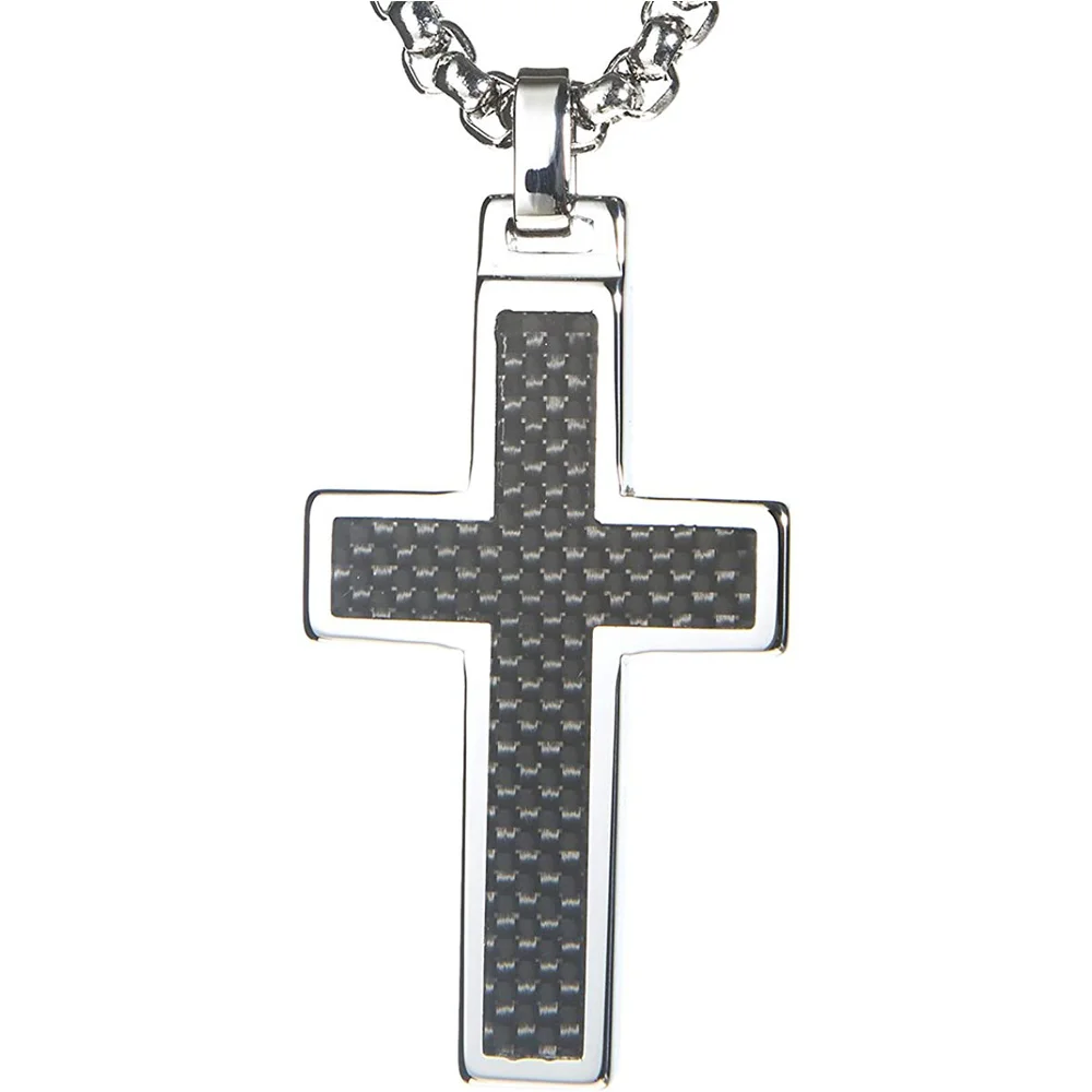Women's Or Men's Tungsten Cross Pendant .4mm Surgical Stainless Steel Box Chain. Tungsten Cross Black Carbon Fiber Inlay Necklace Jewelry Gifts For Mens And Womens