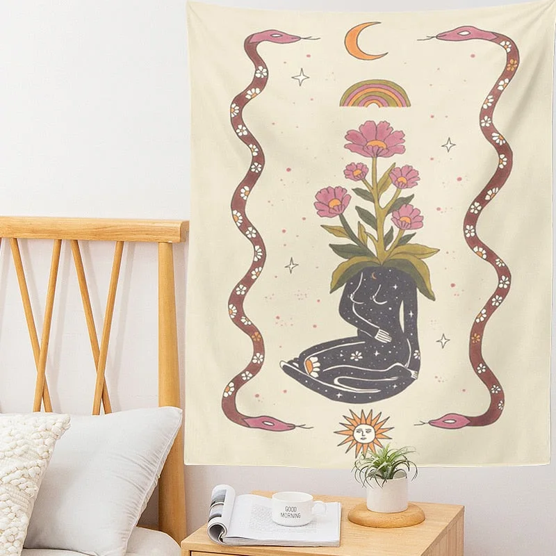 Tarot Card Tapestry Astrology Divination Witchcraft Sun Moon Goddess Sun Moon Star Wall Hanging Decor plant flower Tapestry