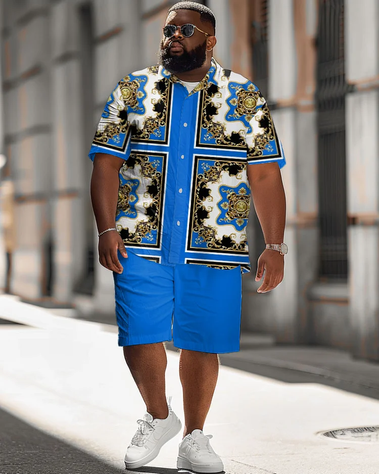 Men's Plus Size Luxury Casual Vintage Pattern Printed Shirt Shorts Suit