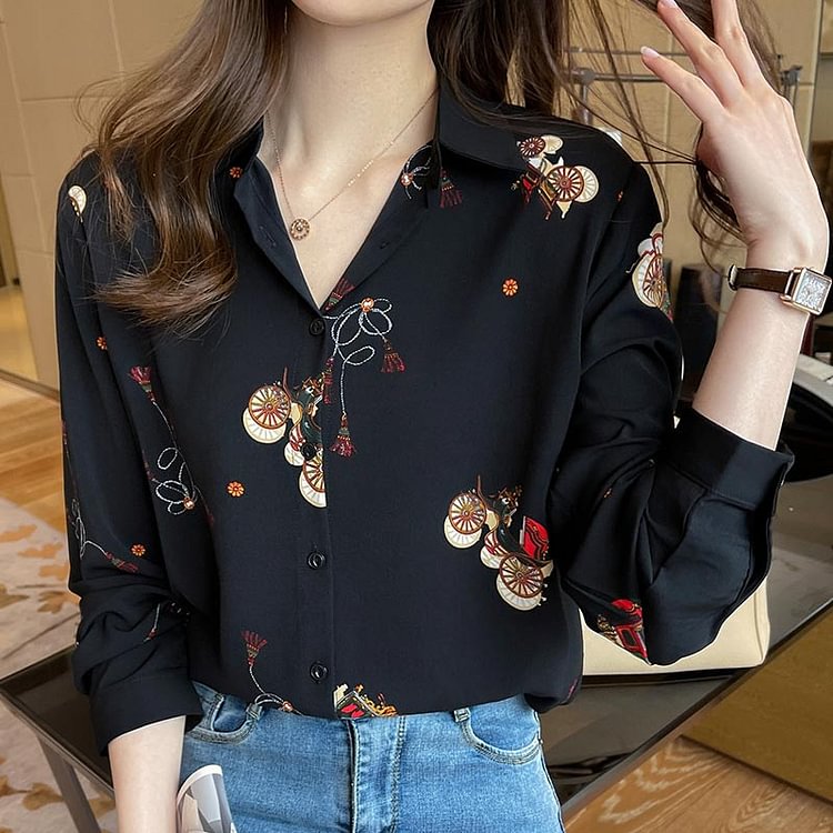 Loose Black Floral Print Chiffon Shirt - Modakawa Modakawa