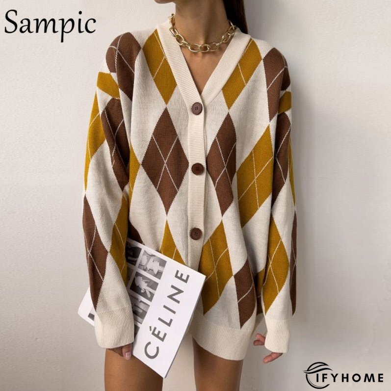 Christmas Gift Sampic Loose Patchwork Knitwear Winter Women Cardigans Tops Oversized Long | IFYHOME