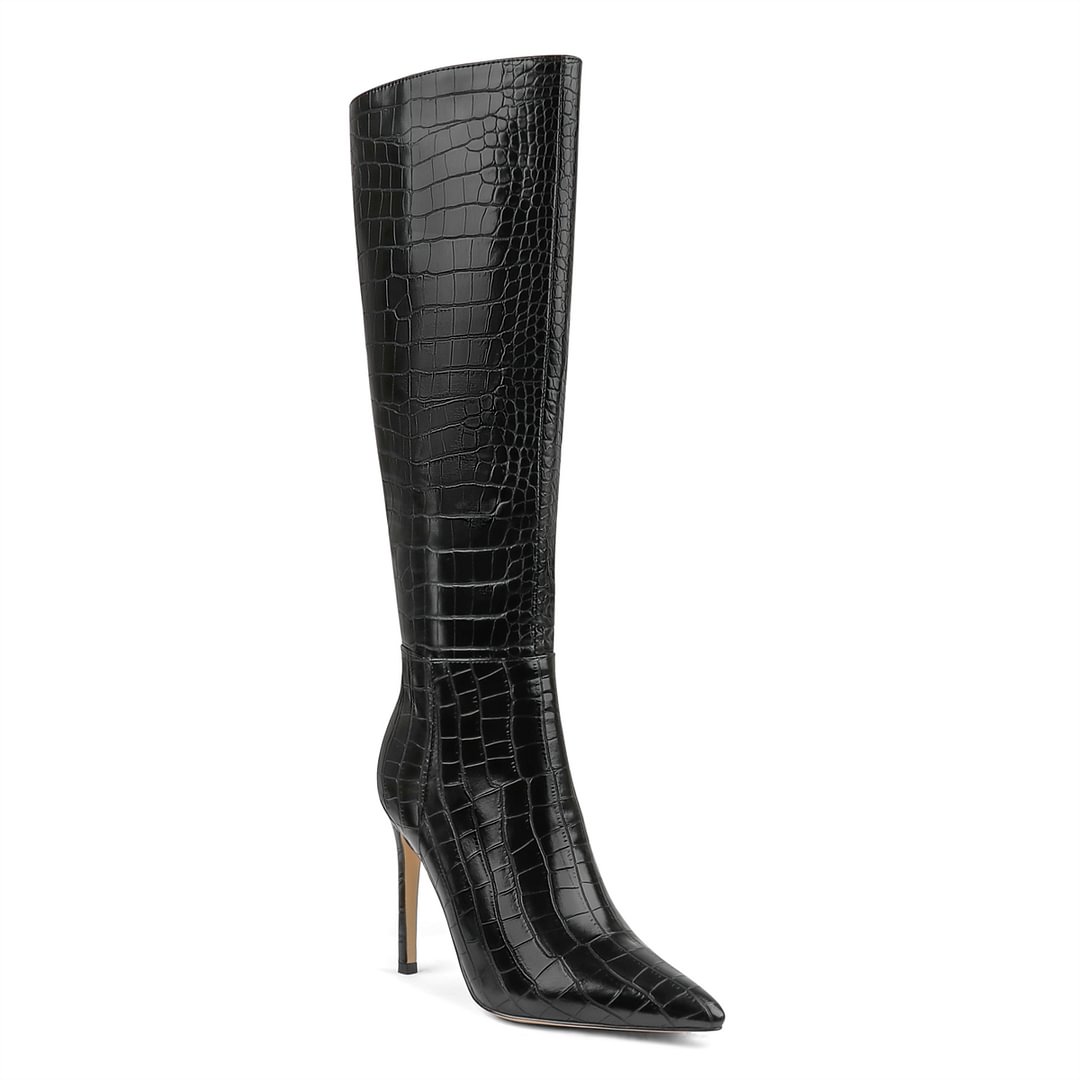100mm Fashion Zipper Leather High Heels Knee Boots-vocosishoes