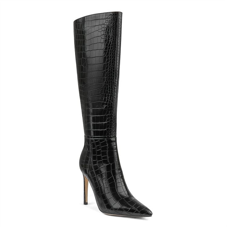 100mm Fashion Zipper Leather High Heels Knee Boots