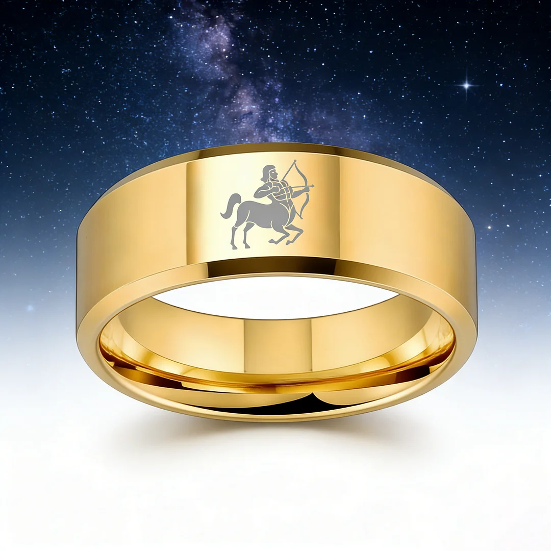 Beveled Edges Gold Laser Etched Tungsten Carbide Bands Gold Sagittarius Couple Wedding Rings 4MM 6MM 8MM