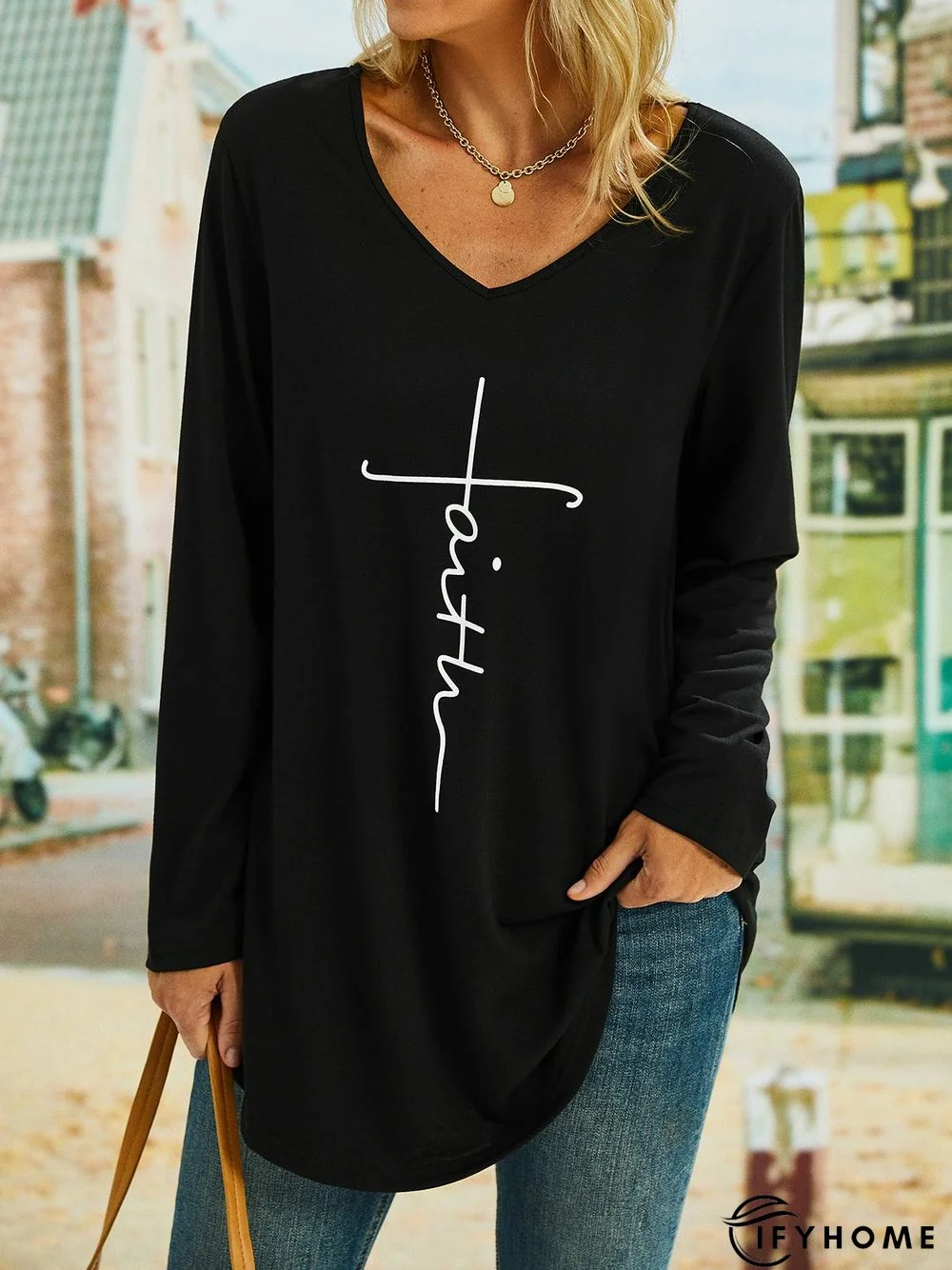 Vintage Faith Letter Printed Long Sleeve V Neck Casual Tunic Top | IFYHOME