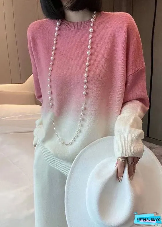 Women Rose Gradient Color O-Neck Cozy Cashmere Knit Sweaters Fall