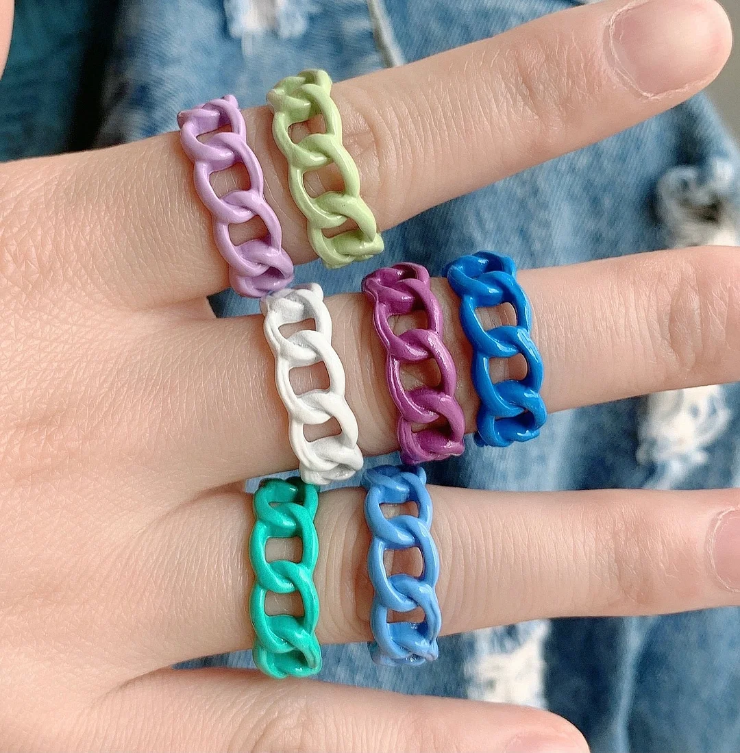 Dvacaman 2021 New Trendy Colorful Dripping Oil Resin Rhinestone Geometric Rings Hand-Painted Open Rings for Women Party Jewelry