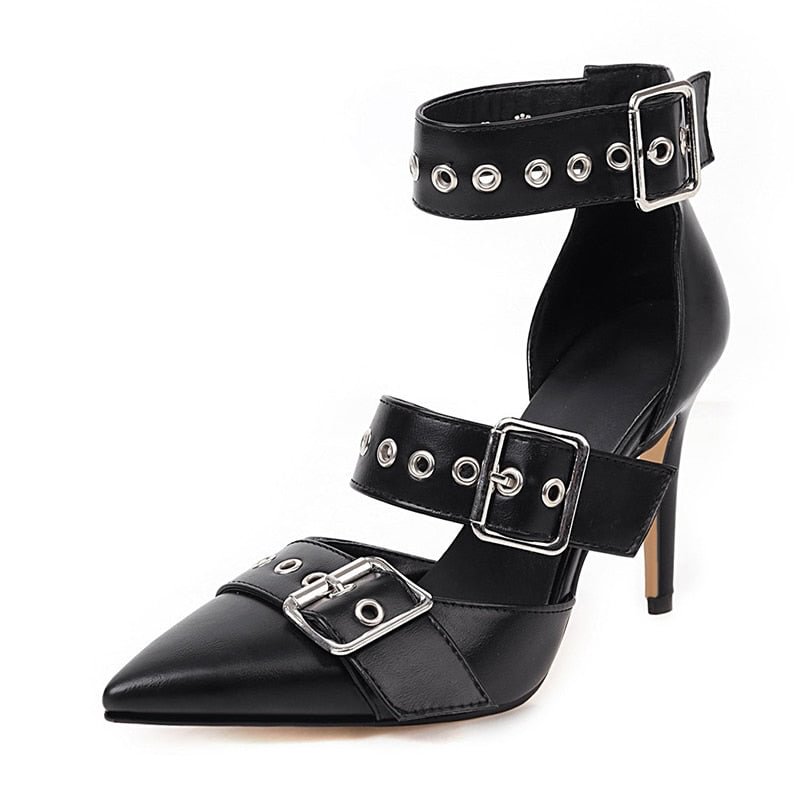 Gdgydh Black Punk Gothic High Heels Sexy Plus Size Pointed Toe Fashion Buckle Rivet Women Pumps Wedding Shoes Stiletto Heels New