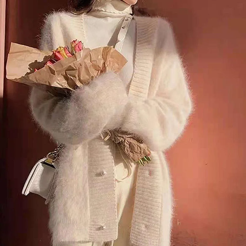 Women Cardigan White Mink Cashmere Sweater Coat Female 2023 Spring Autumn Fairy Style Loose Knitted Tops Fashion Sweet Jacket