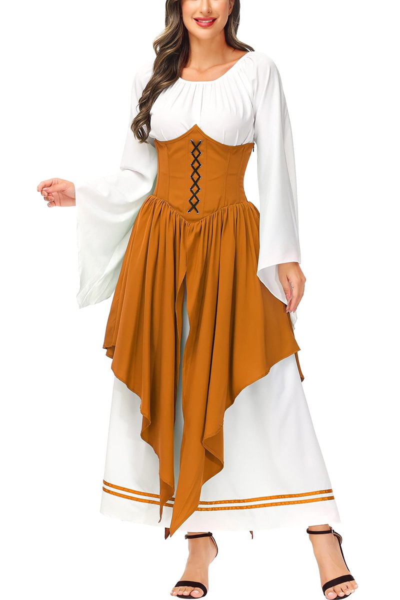 Medieval Ginder Gridle Pleated Flare Sleeve Irregular Hem Dress Set Maxi Dress [Pre-Order]