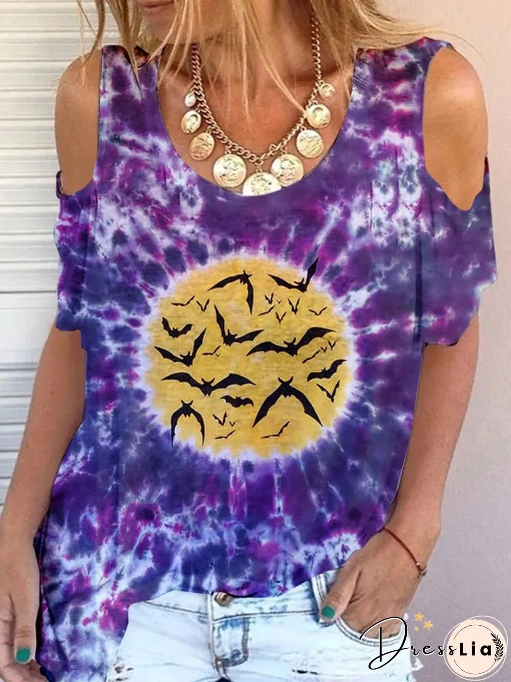 Halloween Tie-dye Bat Print Off-shoulder T-shirt
