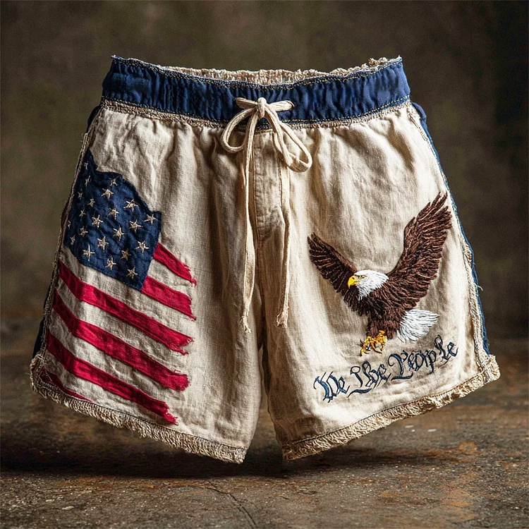 We The People & Bald Eagle Embroidered Men's Linen Shorts