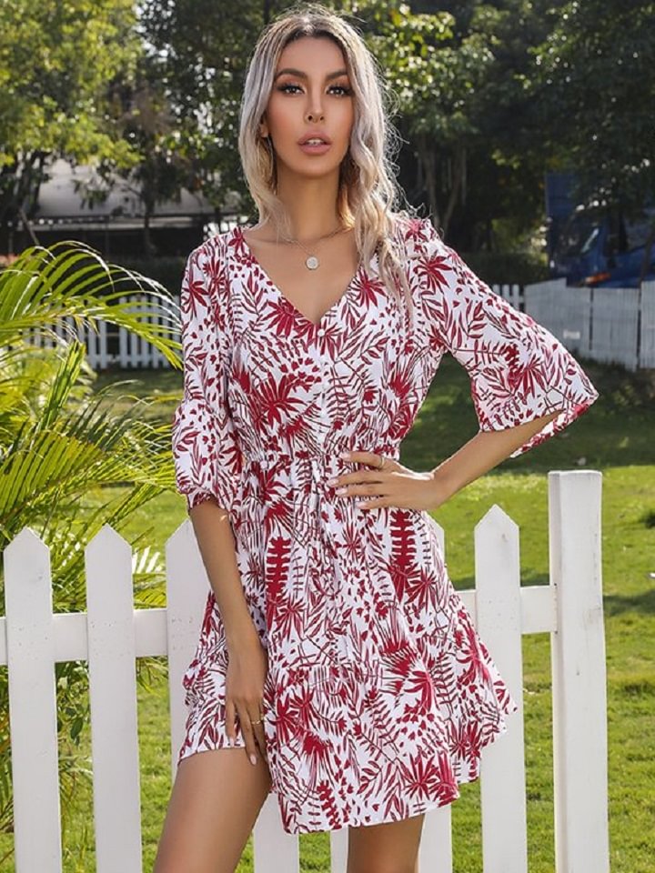 Sleeve Casual Mori Leaf Dress