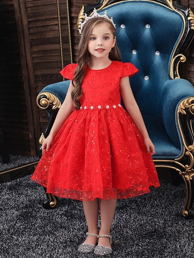 Hellodresses Ball Gown Cap Sleeve Jewel Neck Flower Girl Dress Tulle  With Sash Ribbon Bow Embroidery