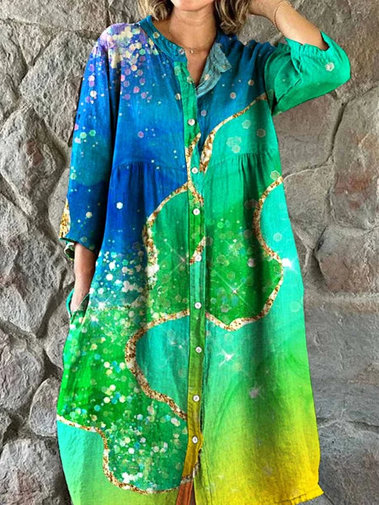 Women's Rainbow Color Fluid Art Shirt Collar Cotton and Linen Dress with Pockets