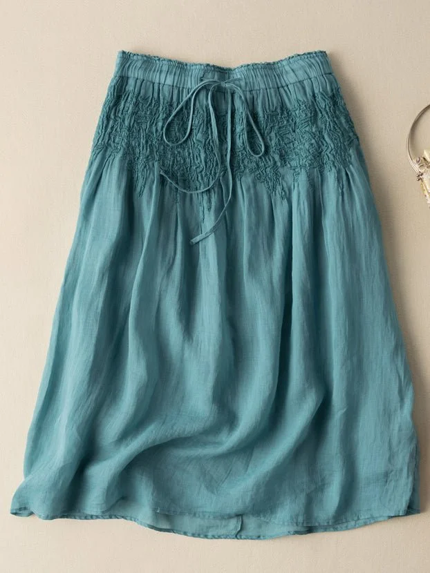 Loose Vintage Solid Embroidered Ramie Skirt