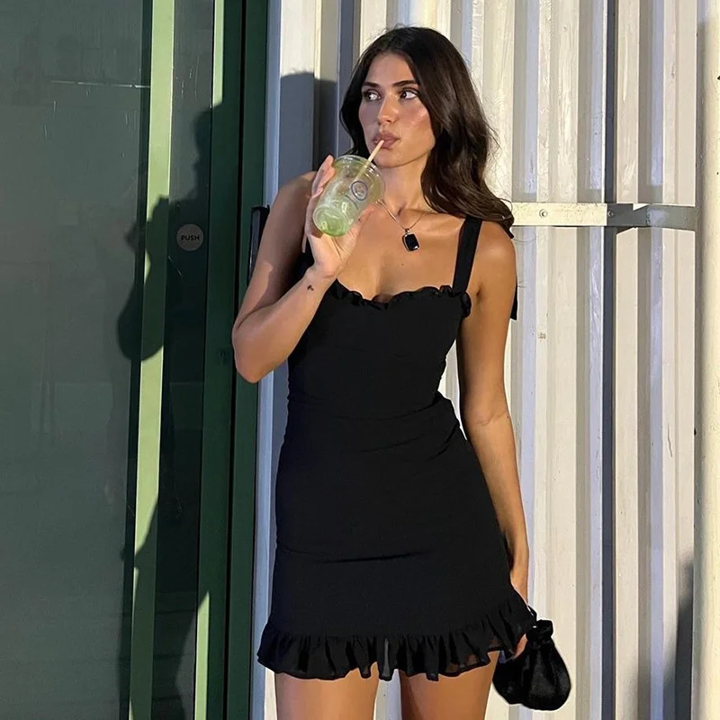 Women'S Fashion Lygens Elegant Evening Strap Mesh Ruffles Short Mini Dress