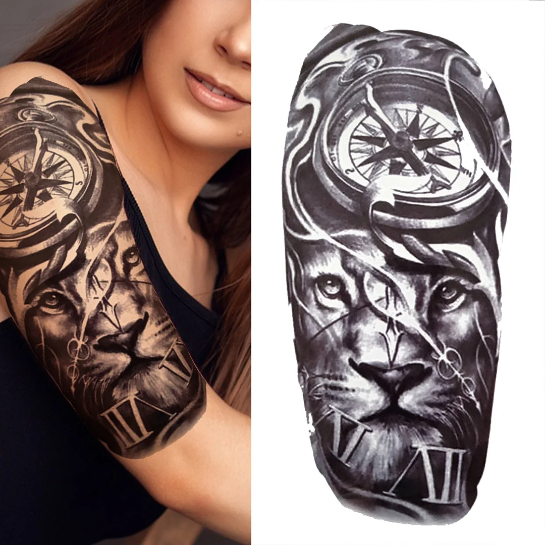 Lion King Crown Temporary Tattoos For Women Men Adult Black Tiger Forest Skull Tattoo Sticker Fake Skeleton Fashion Tatoo Flower