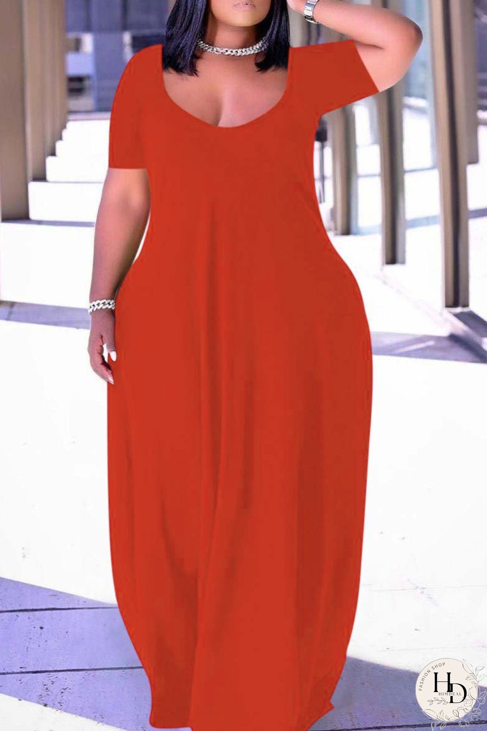 Pink Fashion Casual Plus Size Solid Patchwork V Neck Short Sleeve Dress