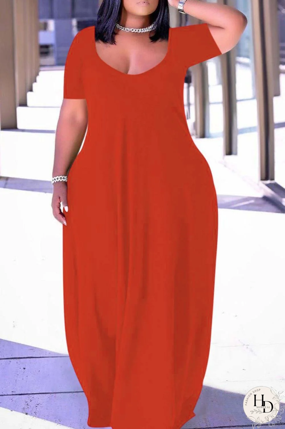 Pink Fashion Casual Plus Size Solid Patchwork V Neck Short Sleeve Dress