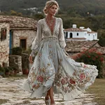 Women's Vintage Bohemian Floral Embroidered Casual Long Sleeve Dress - Image 2