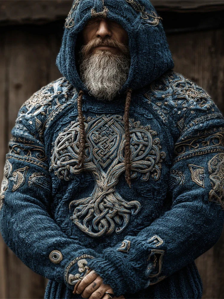 Vintage Viking Tree Of Life Men's Knit Hooded Sweater