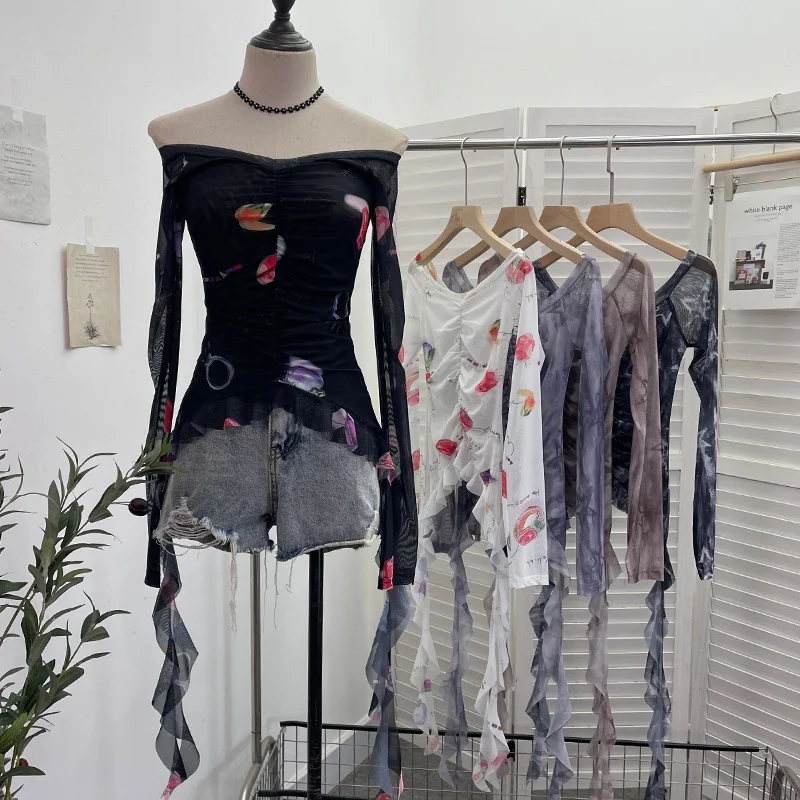 Uveng Real Shot One-字 Collared Shoulder Long-Sleeved Mesh Printing Top Irregularly Folded Lotus Leaves With Short T-Shirt 9937