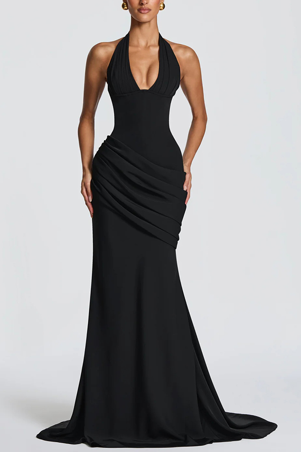 Nehemia Halter V-neck Back Lace-up Asymmetric Pleated Panel Drapes Maxi Dress mysite idetrend