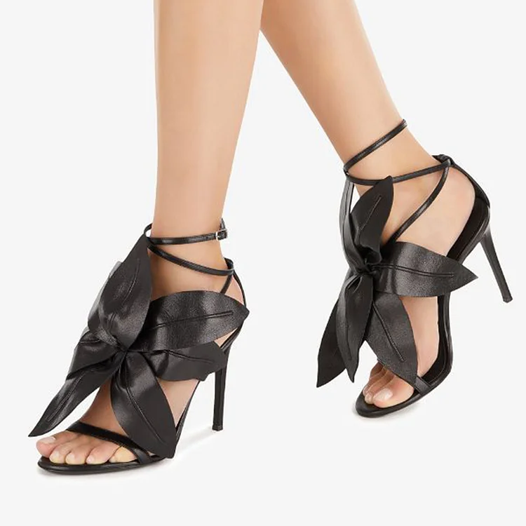 Elegant Black Ankle Strap Heels Classic Open Toe Stiletto Shoes Wedding Flower Sandals |FSJ Shoes