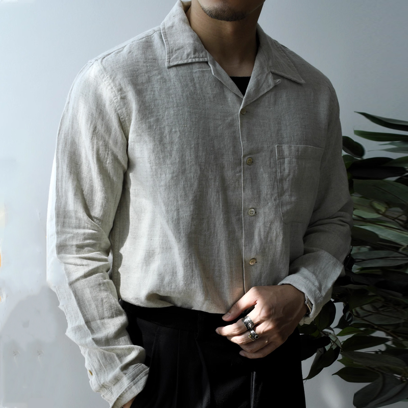 Vintage Casual Linen Cuban Collar Long Sleeve Beige Shirt