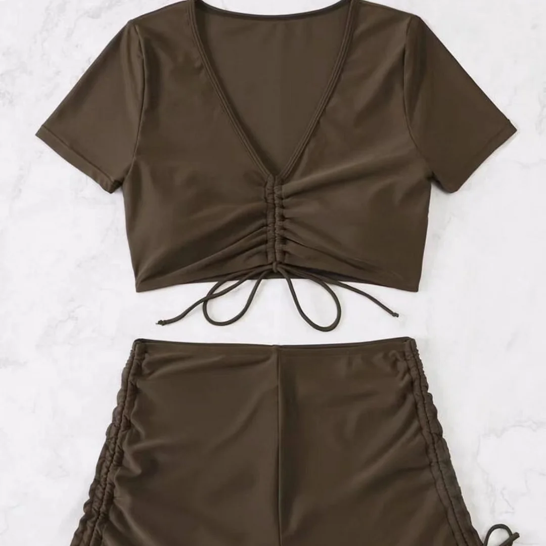 Uveng 2022 New Split-Skinned Draw-Folding Rope Solid-Color Swimsuit Bikini