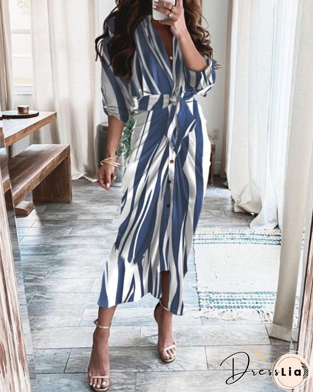 Elegant Print Satin Pleated Classy Bandage Shirt Dress